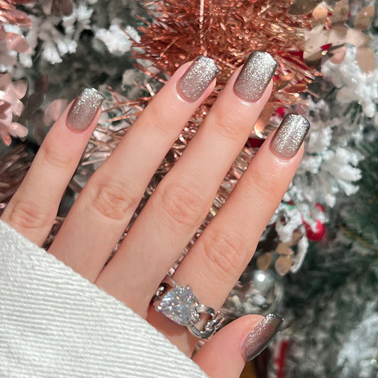 When The Ball Drops Short Oval Silver Glam Press On Nails