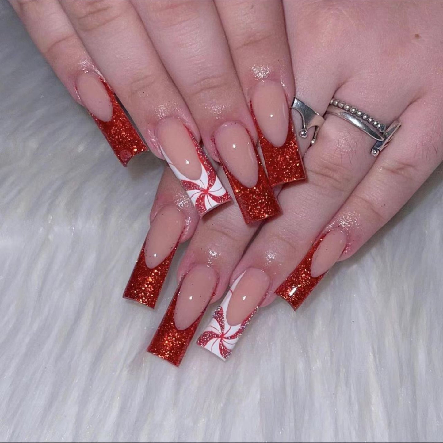 Candycane Pinwheel Long Square Red Holiday Press On Nails