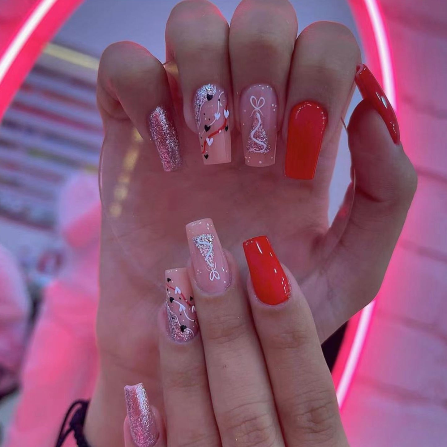 The Sparkly Tree Long Coffin Pink Holiday Press On Nails