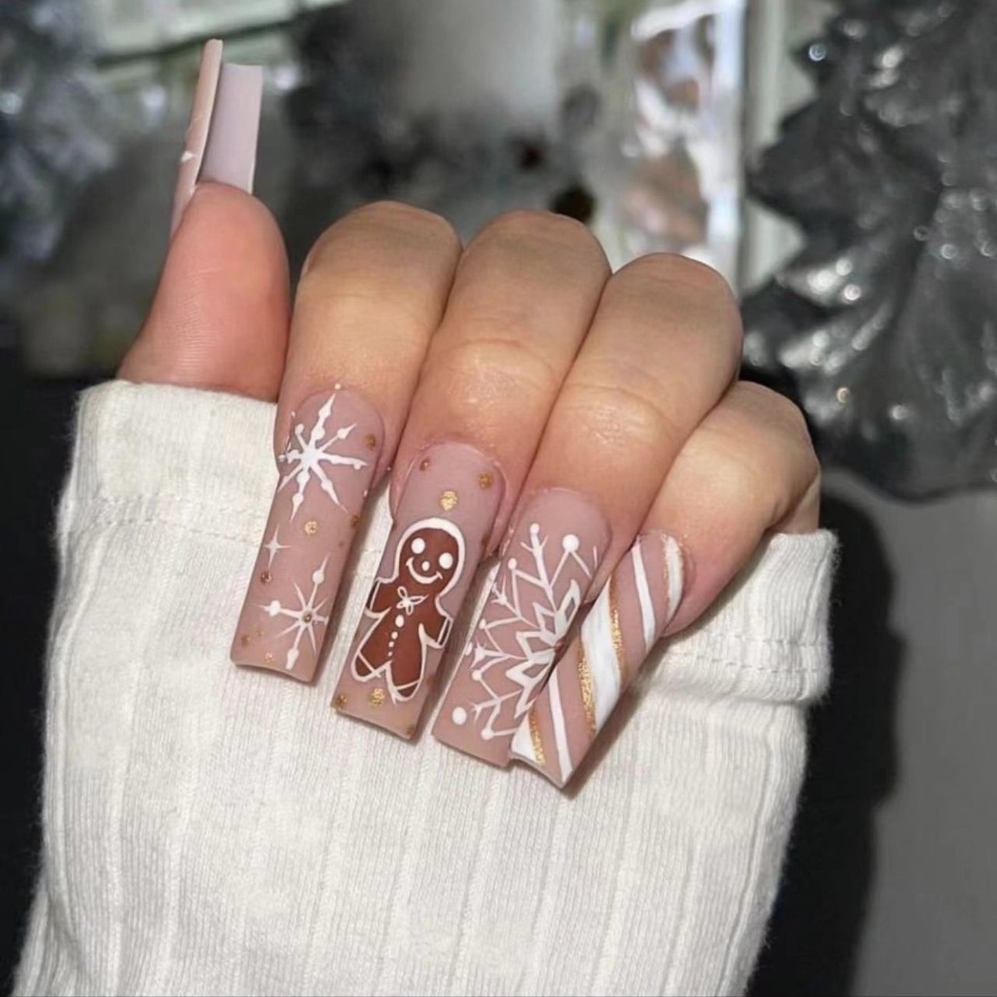 Gingerbread Snowflake Man Long Square Beige Holiday Press On Nails