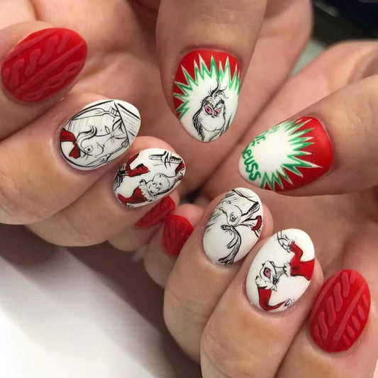 Festive Fantasy Short Oval Press On Nails In Red And White With Whimsical Character Art