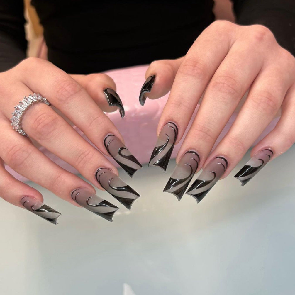 Maleficent Swirl Long Coffin Black Bold Press On Nails