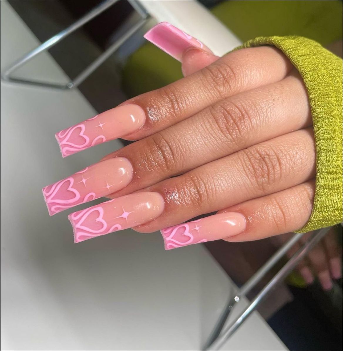 Enchanted Romance Long Square Pink Press On Nails with Heart Accents
