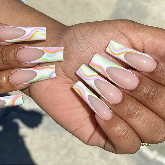 Summer Splash Long Square Beige Press On Nails with Rainbow Swirl Accents