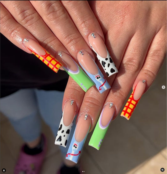 Safari Adventure Long Square Multicolor Cartoon Animal Press on Nails with Rhinestone Accents
