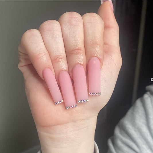 Elegant Pink Sparkle Long Square Press On Nails with Rhinestone Accents