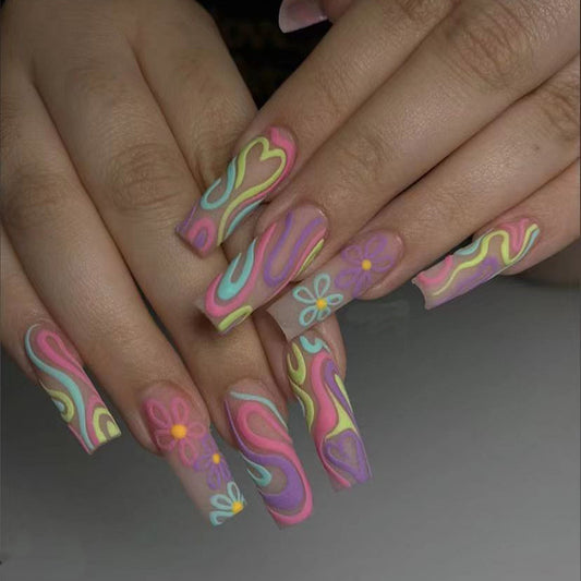 Most Listened Long Square Multicolor Groovy Press On Nails