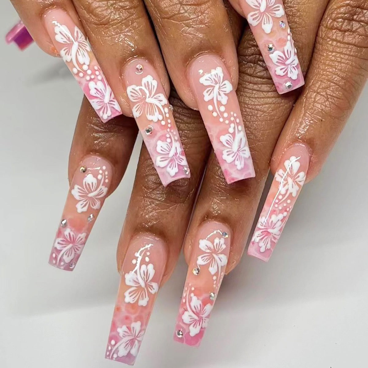 Staying On The Beach Long Square Pink Vacation Press On Nails