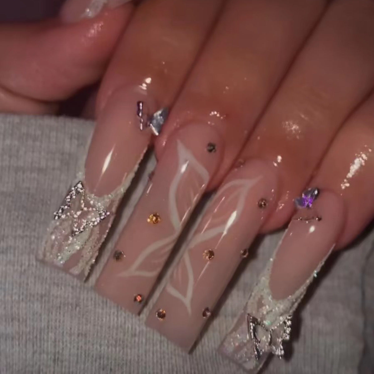 Enchanted Elegance Extra Long Coffin Translucent Press-On Nails with White Lace Accents and Crystal Embellishments