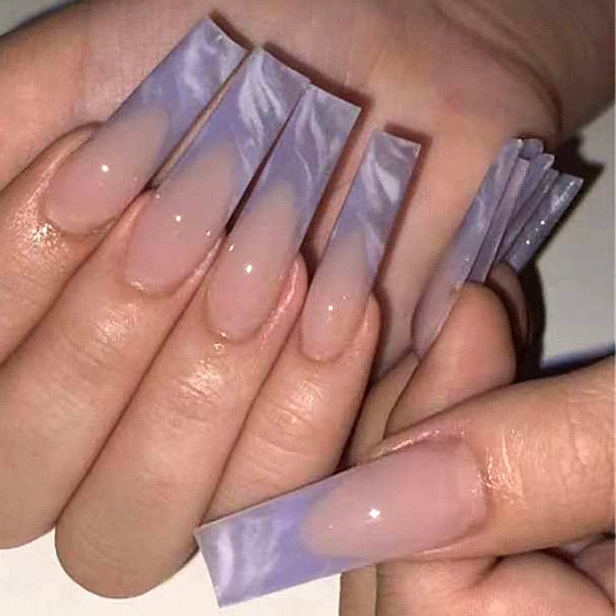 Mystic Marble Extra Long Coffin Lilac Marble Press On Nails with Glossy Finish
