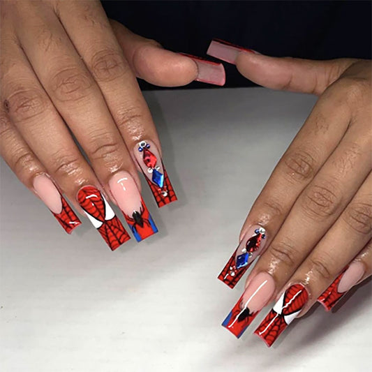Heroic Adventure Long Coffin Press On Nails In Red With Webbed Design And Cartoon Embellishments