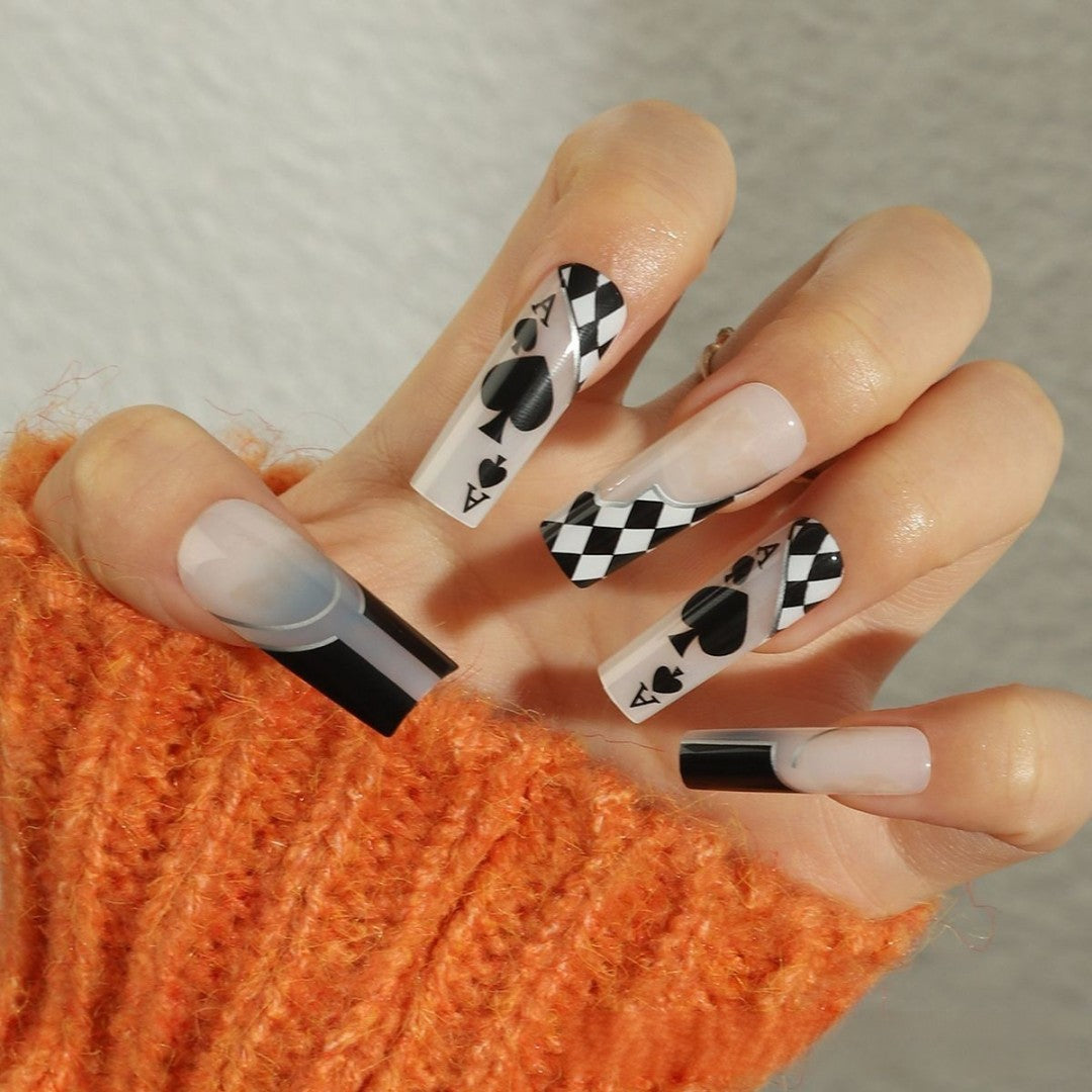 Casino Royale Long Square Black and White Checkered Pattern Fake Nail Set with Matte and Glossy Accents