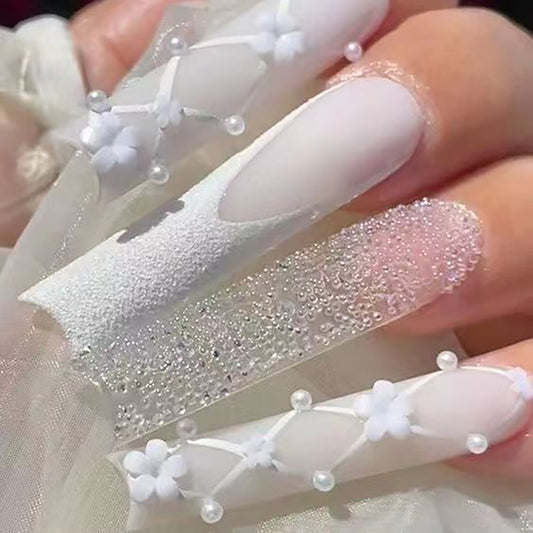 Winter Wonderland Long Coffin White Press On Nails with Frosted Texture and Pearl Embellishments