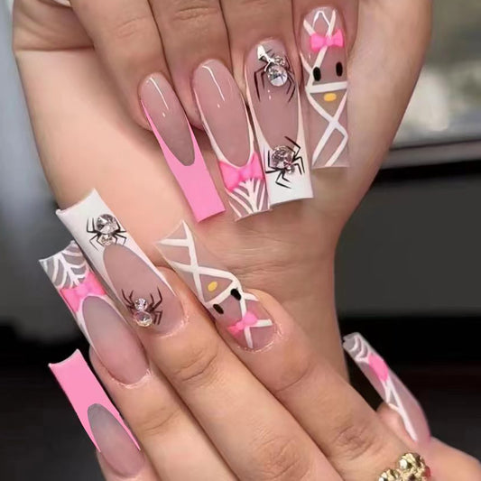 Charming Woodland Fantasy Long Coffin Pink and White Press-On Nails with Adorable Deer Accents and Geometric Patterns