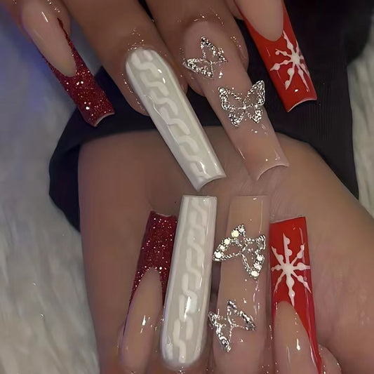 Winter Wonderland Extra-Long Square Press-On Nail Set, White Glitter and Classic Red with 3D Butterfly Accents