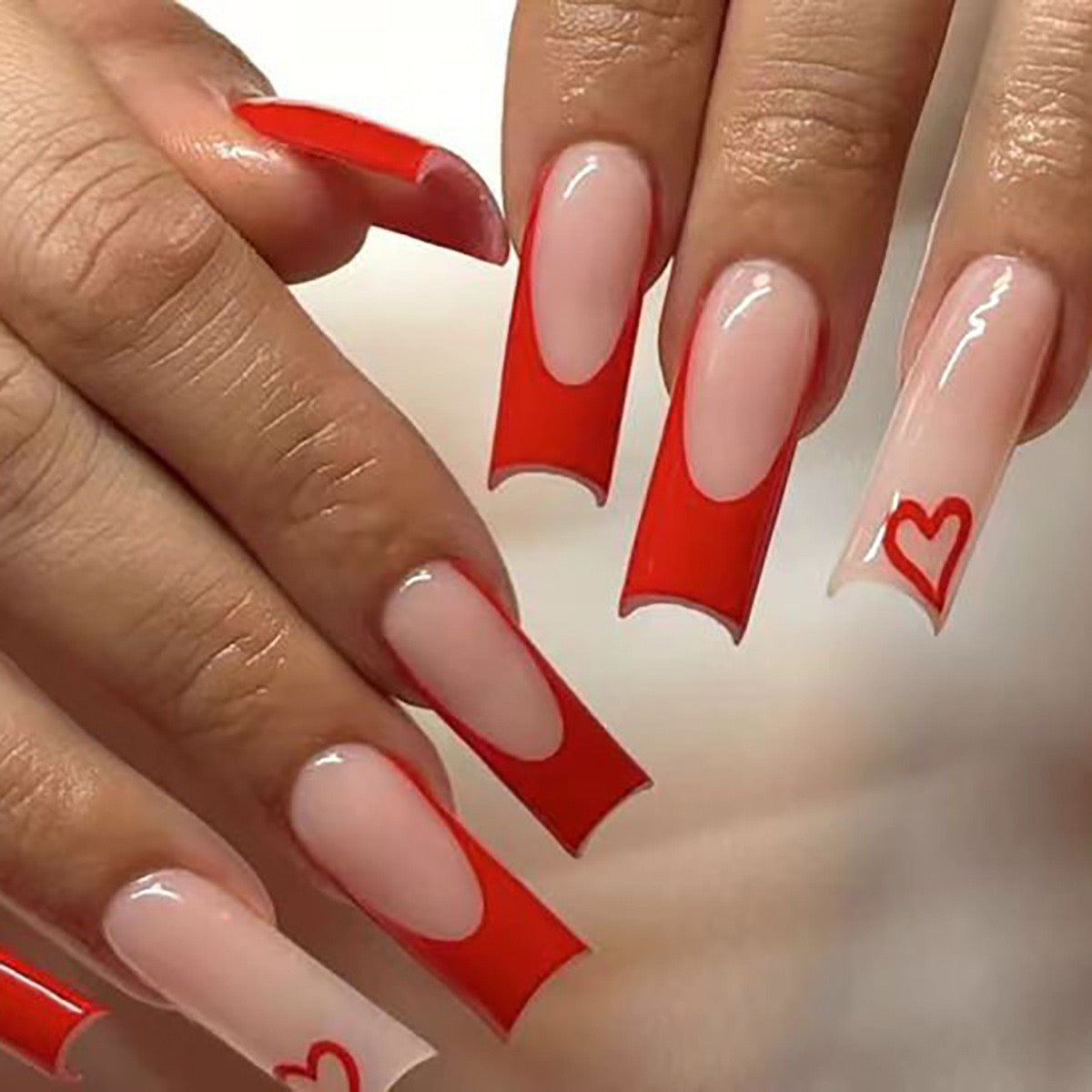 Romantic Rendezvous Long Coffin Vibrant Red Press-On Nails with Sheer Base and Heart Accents