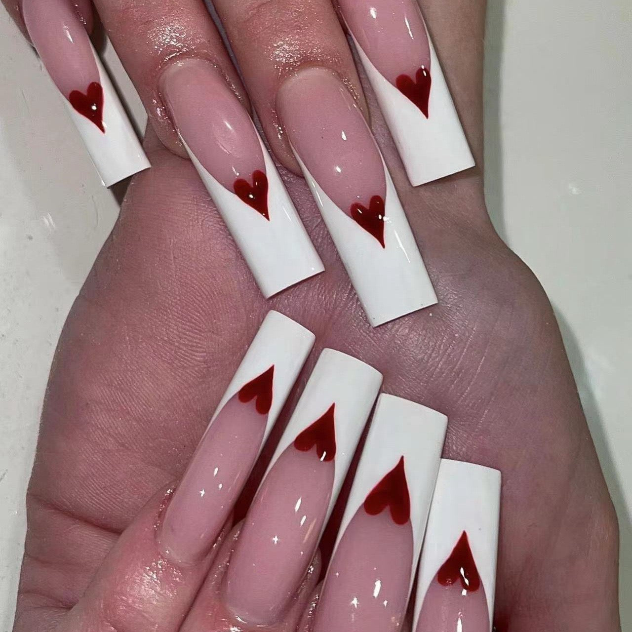 Love's Embrace Extra Long Coffin White Press-On Nails with Red Heart Accents