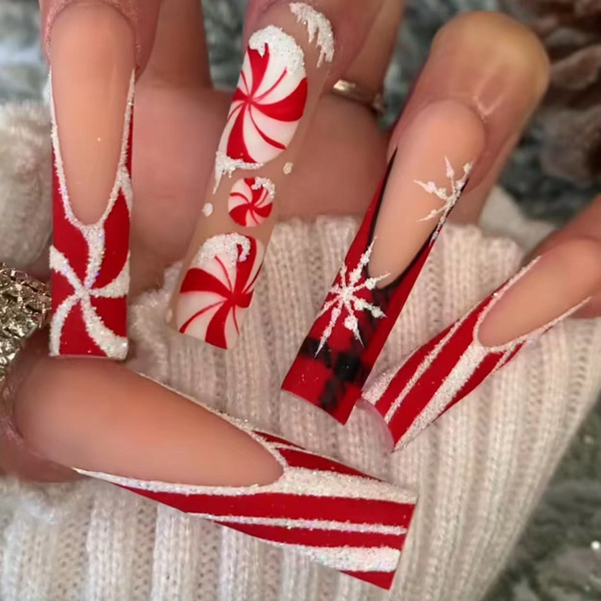 Festive Folly Long Coffin Candy Cane Red Press-On Nails with Glitter Accents and Peppermint Swirls