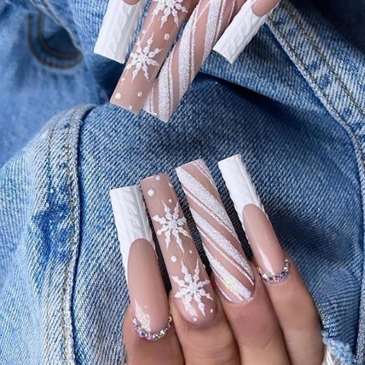 Denim Delight Long Square Taupe Press-On Nail Set with White Lace Design and Crystal Accents