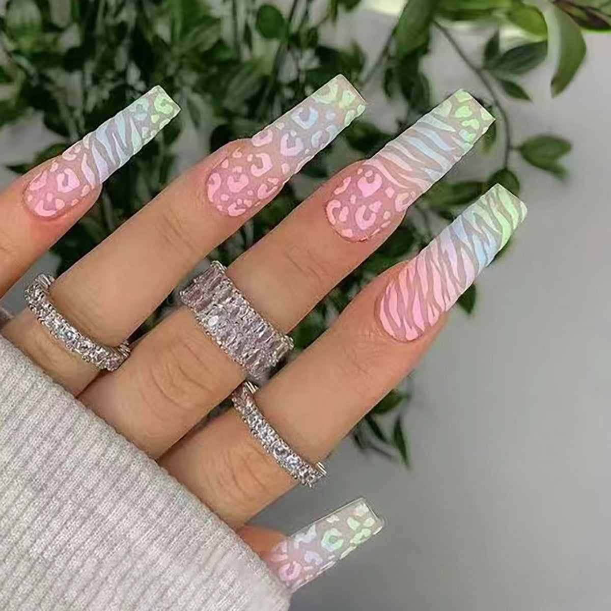 Enchanted Garden Extra Long Coffin Multicolor Iridescent Press On Nail Set with Holographic Shine