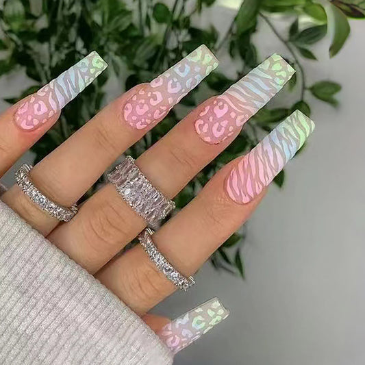 Enchanted Garden Extra Long Coffin Multicolor Iridescent Press On Nail Set with Holographic Shine
