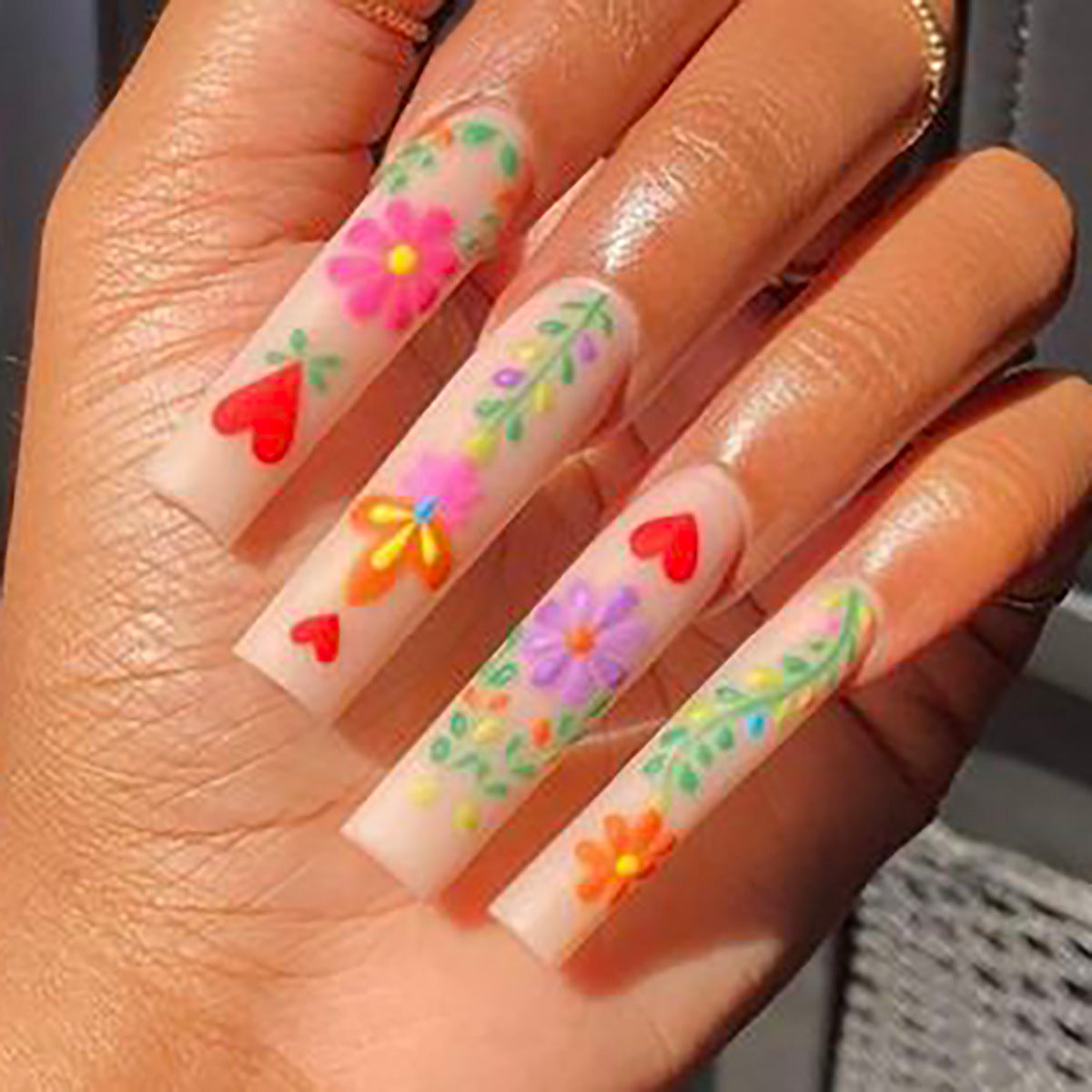Garden Party Long Square Clear Press On Nail Set with Colorful Floral Designs