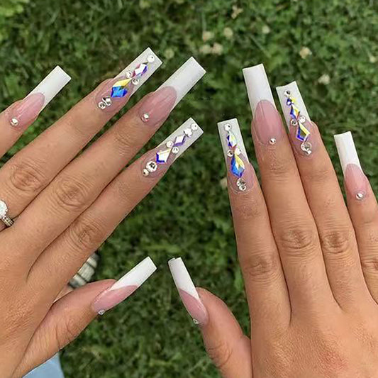 Enchanted Elegance Long Coffin White and Pink Press On Nail Set with Rhinestone Accents