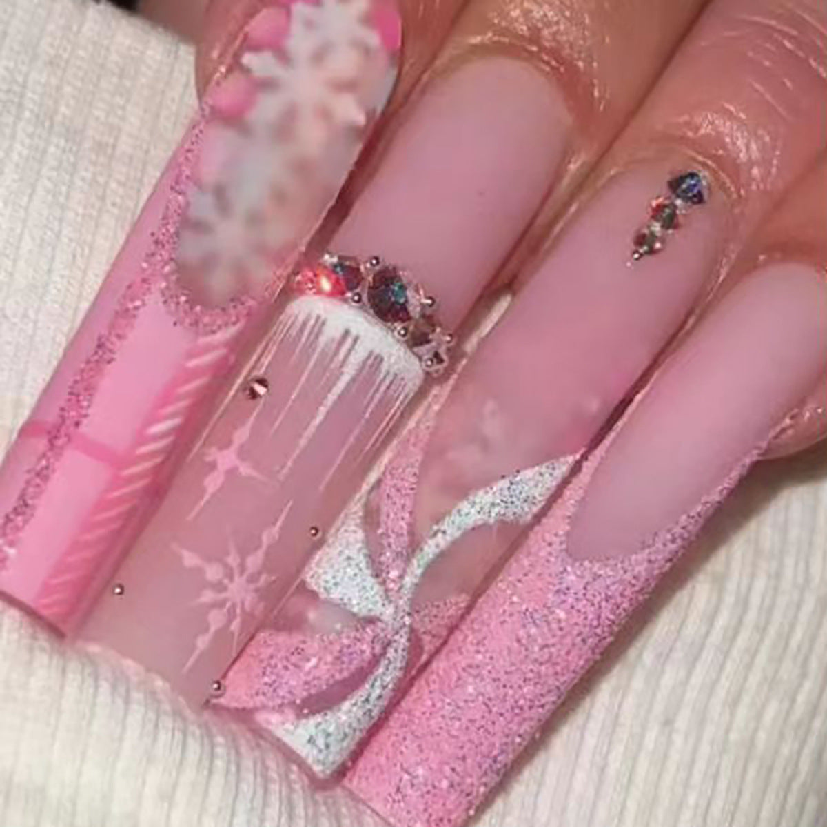 Enchanted Elegance Extra Long Coffin Pink Glitter Press On Nail Set with Snowflake Accents and Rhinestones