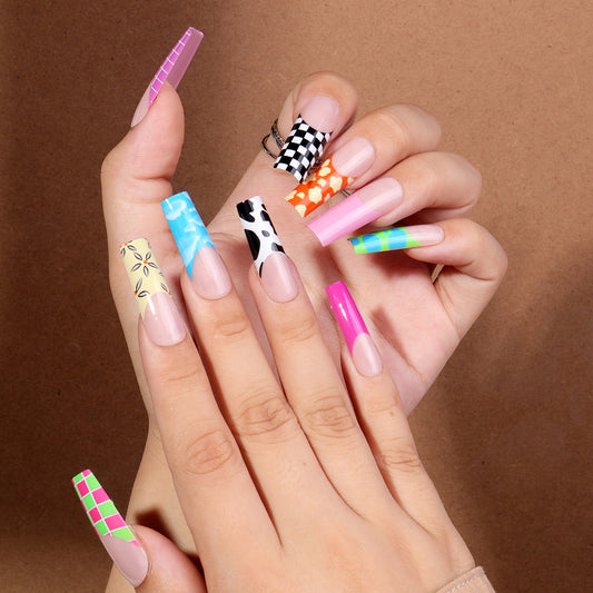 Retro Pop Art Long Coffin Multicolor Patterned Press On Nail Set with Durable Adhesive Tabs