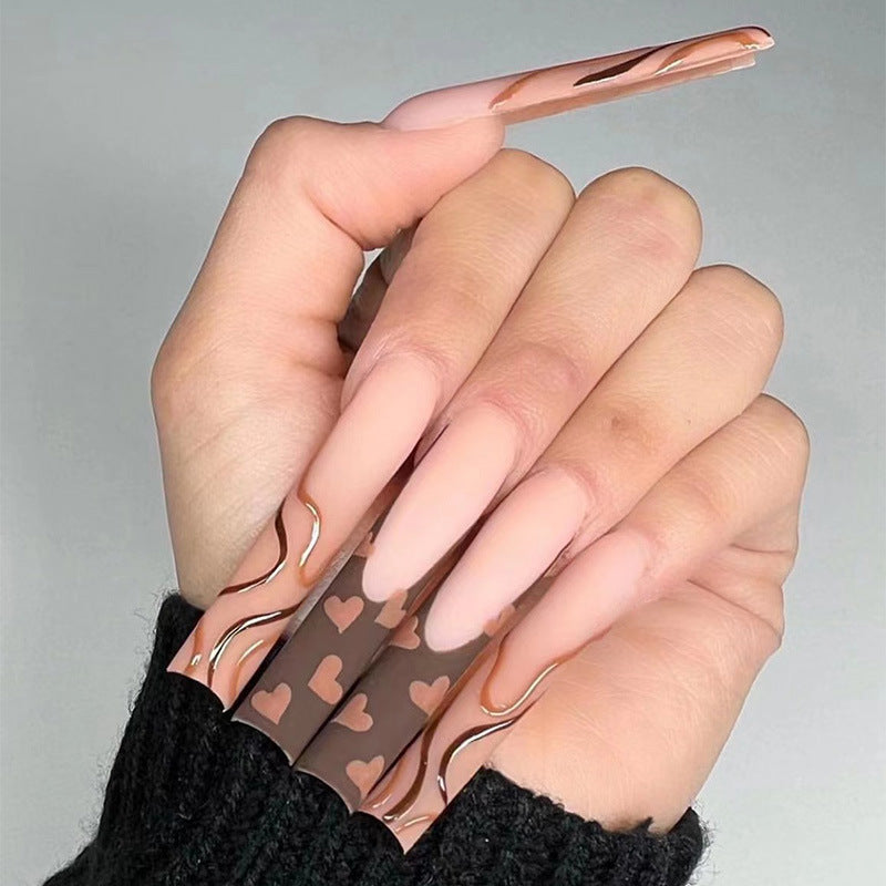 Romantic Affair Extra Long Square Beige Press On Nails with Rose Gold Accents and Heart Patterns