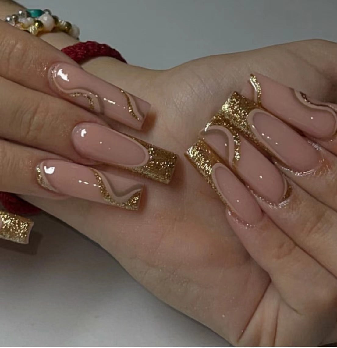 Glamour Gold Sparkle Long Square Beige Press On Nail Set with Glitter Accents