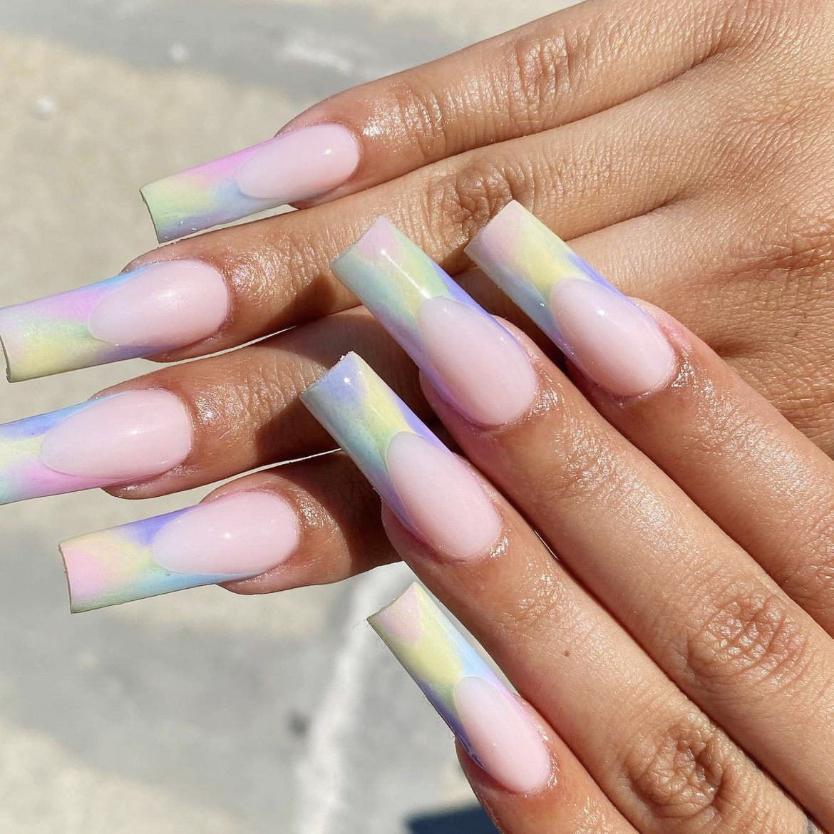 Mermaid Aura Long Square Pink Iridescent Press On Nails Set with Opalescent Finish