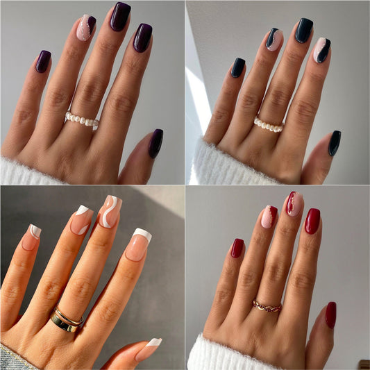 Collage of four images showing different nail polish colors on a person's hand.