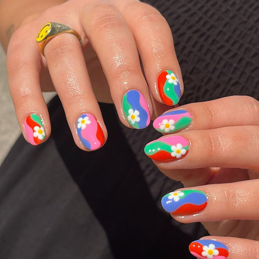 Road To Dimension Short Round Multicolor Groovy Press On Nails