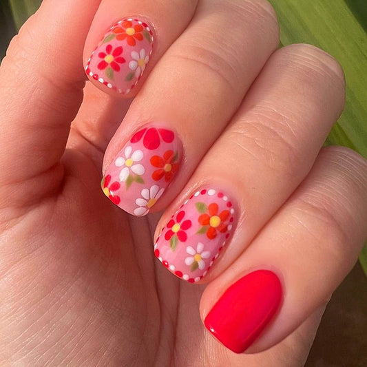 One Day Short Square Multicolor Floral Press On Nails
