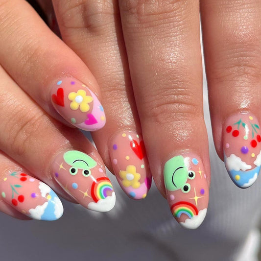 Rainbow Frogs Medium Oval Multicolor Cute Press On Nails