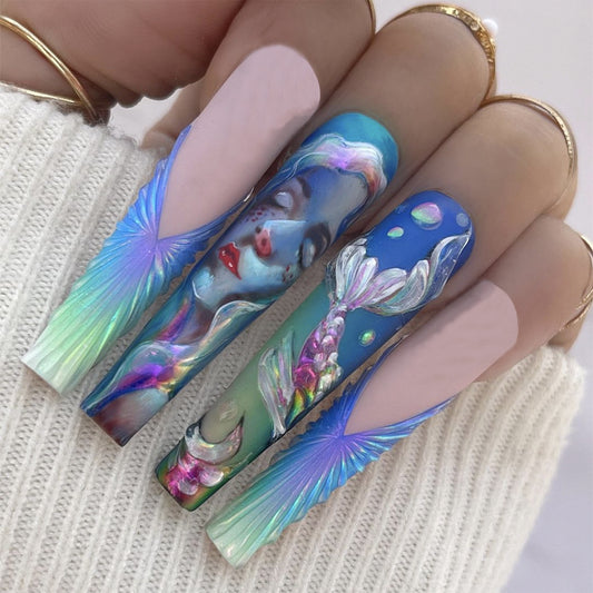 Galaxy Maiden Long Coffin Multicolor Bold Press On Nails
