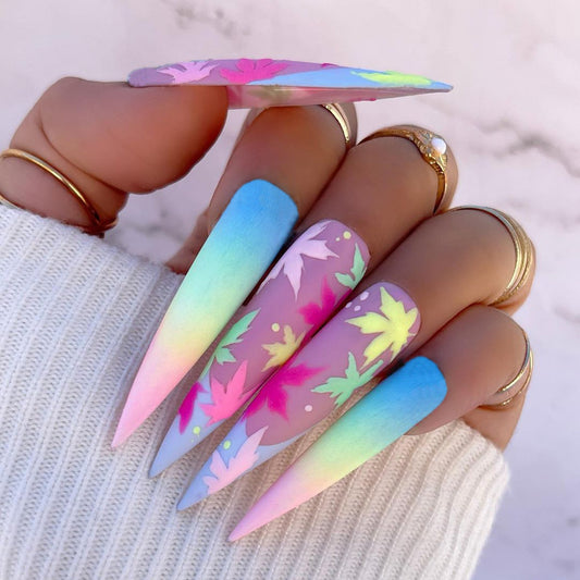 Maple Leaves Long Stiletto Multicolor Bold Press On Nails
