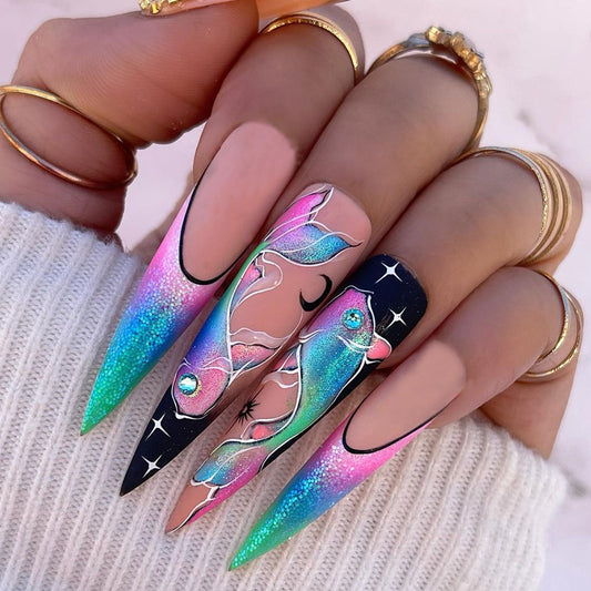 Psychedelic Journey Long Stiletto Multicolor Bold Press On Nails