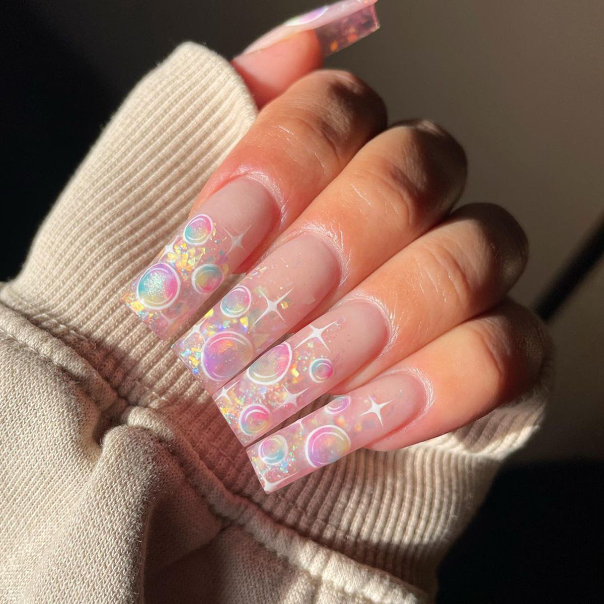 Bubble Girl Long Coffin Multicolor Cute Press On Nails