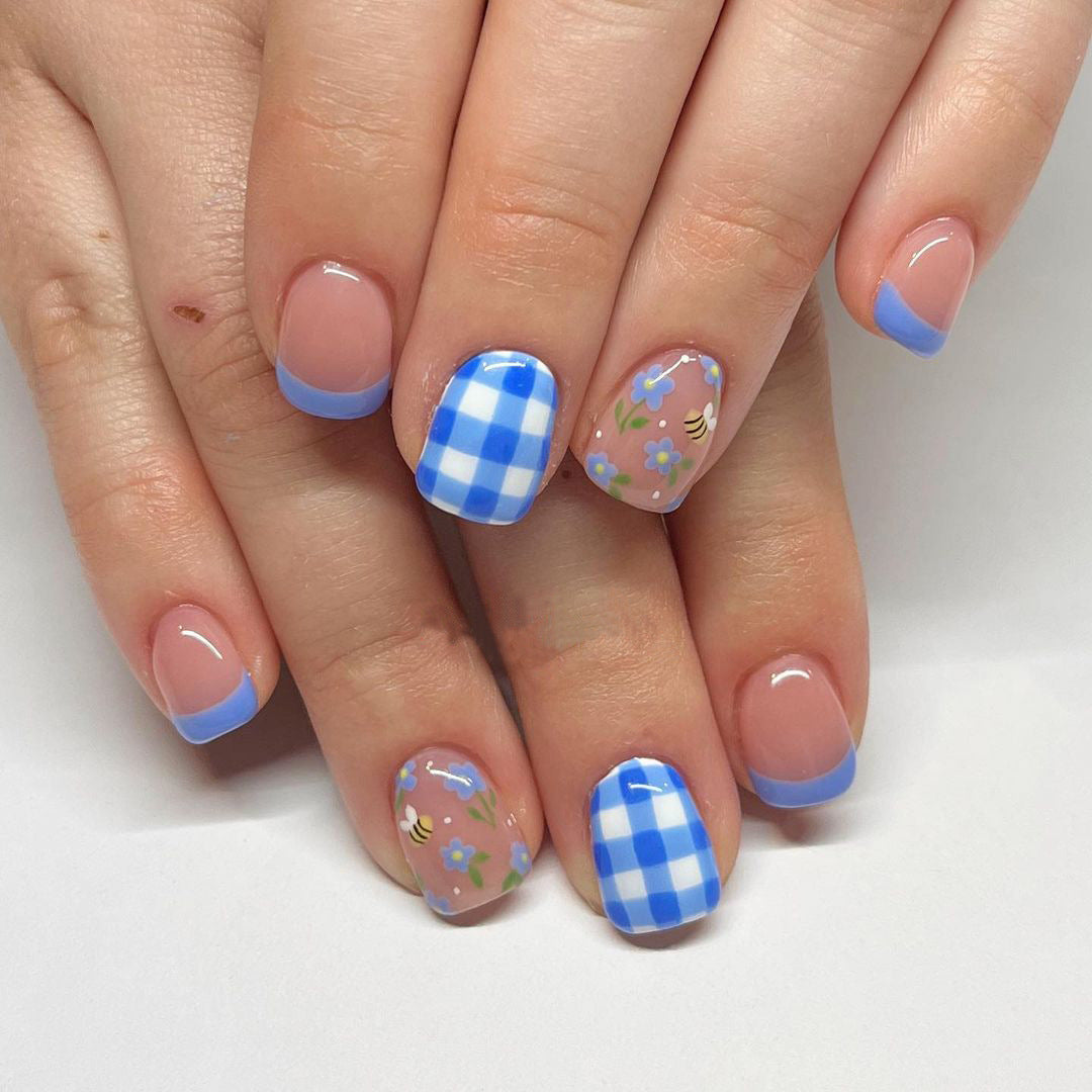 Plaid Apron Short Square Blue Cute Press On Nails
