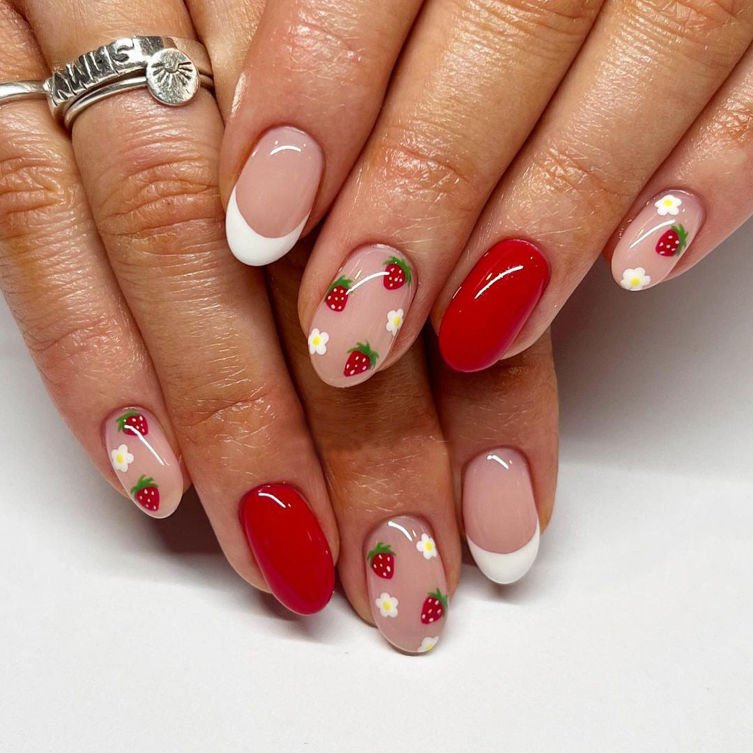 Strawberry Fields Short Oval Red Cute Press On Nails
