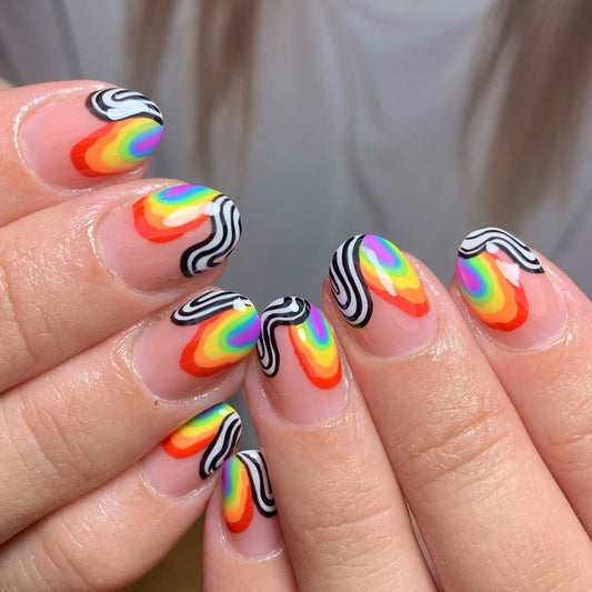 Swirled Together Short Round Rainbow Groovy Press On Nails