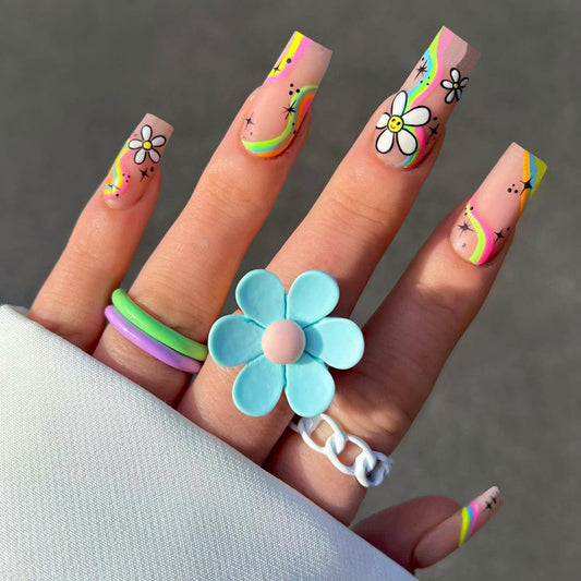 Not Amateur Hour Long Coffin Multicolor Cute Press On Nails