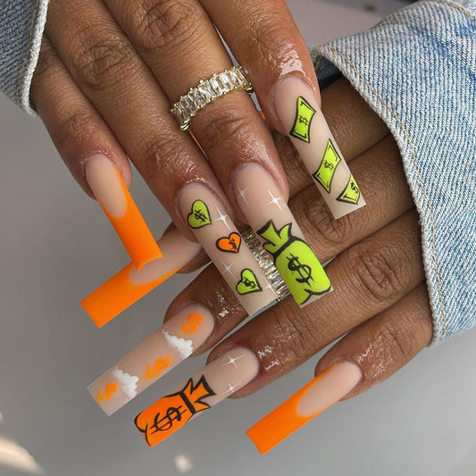Cash Grab Long Coffin Orange Bold Press On Nails