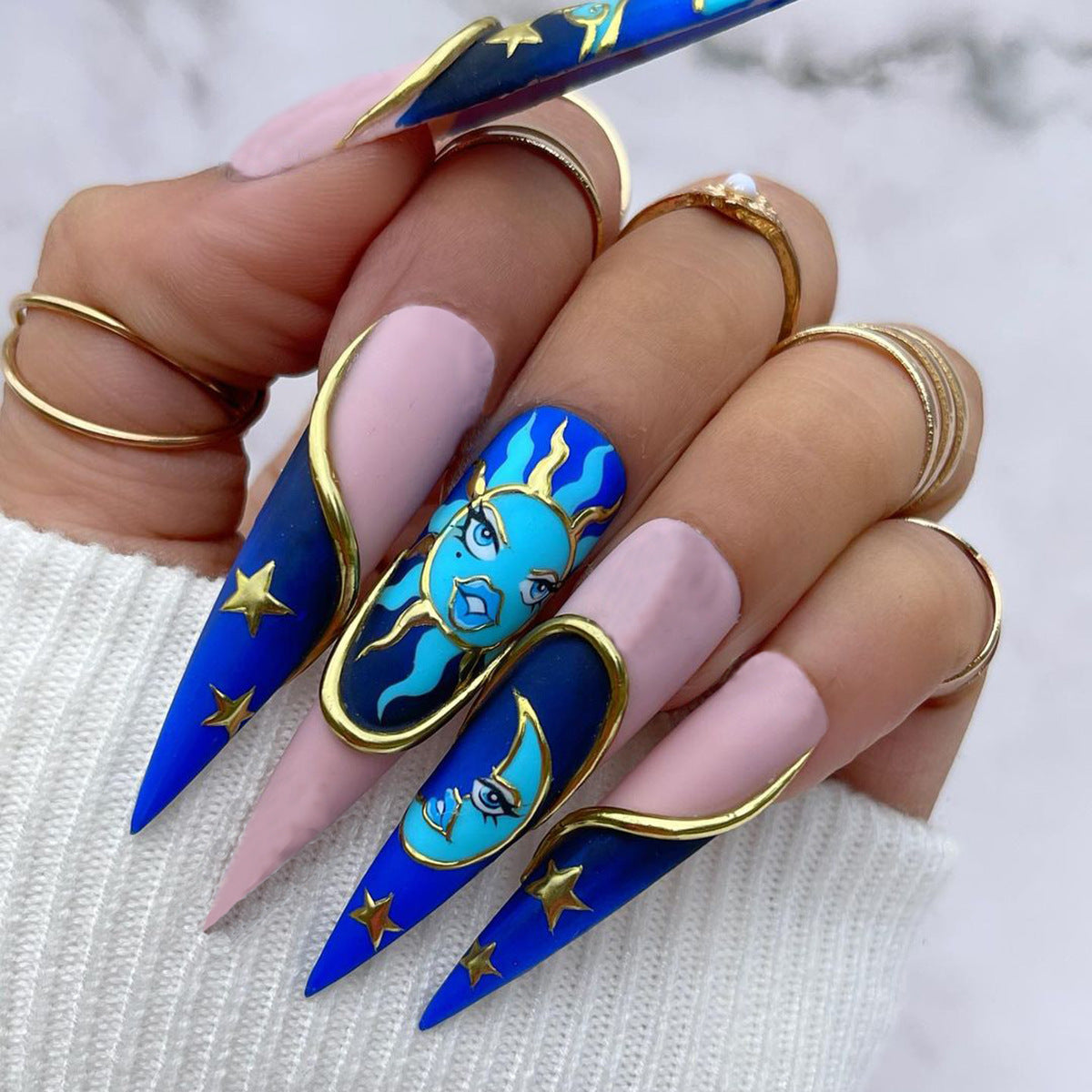 Night Mode Long Stiletto Blue Astrology Press On Nails