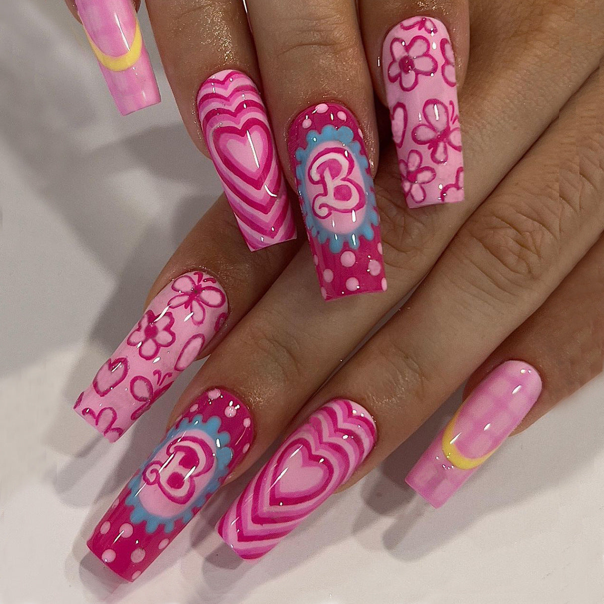 Barbie Movie Medium Coffin Pink Glam Press On Nails