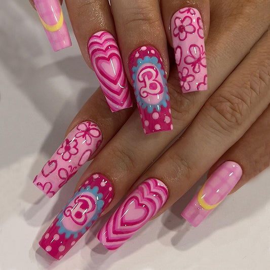 Barbie Movie Medium Coffin Pink Glam Press On Nails