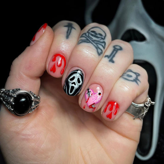 Scream Time Short Round Red Halloween Press On Nails