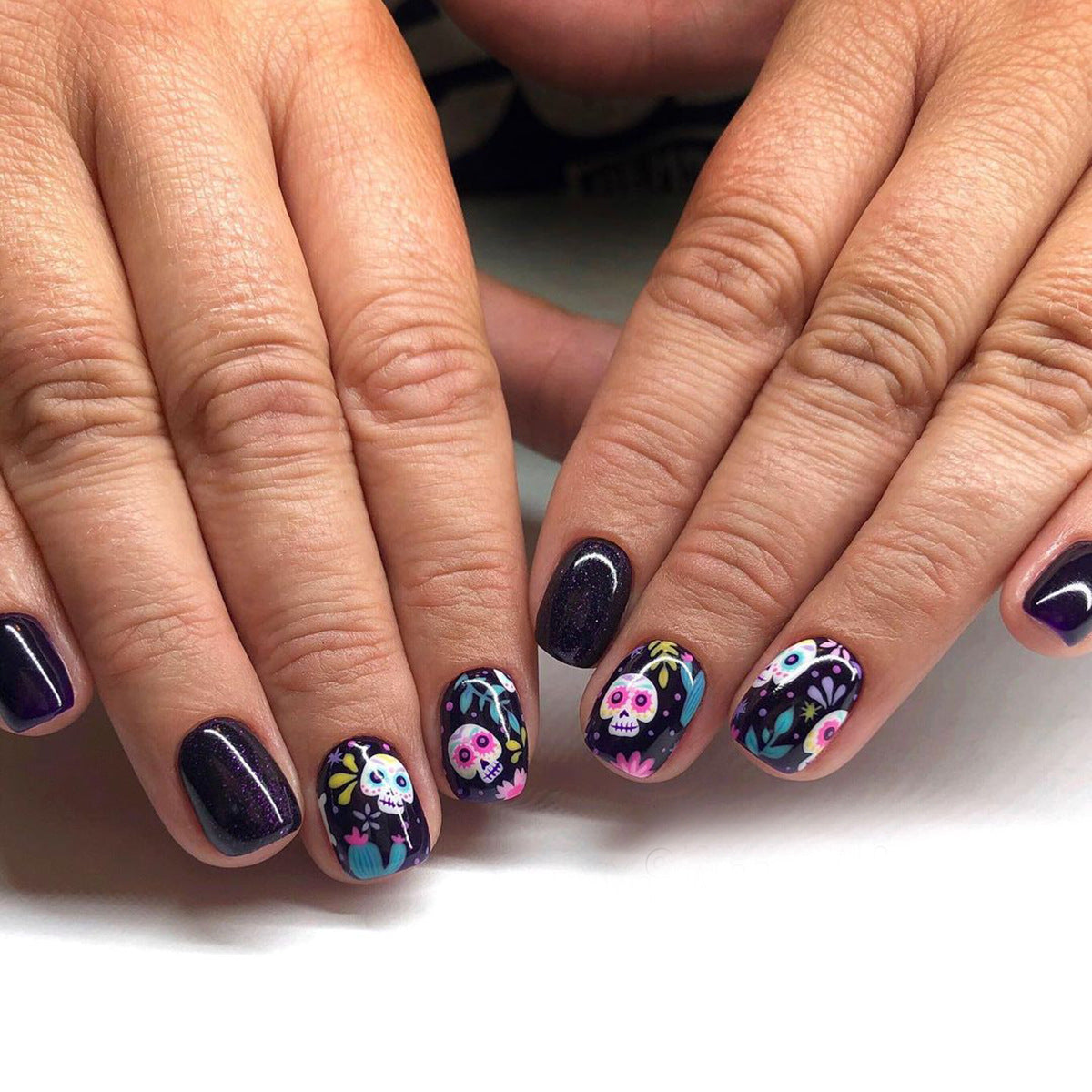 Dia De Los Muertos Short Squoval Black Halloween Press On Nails